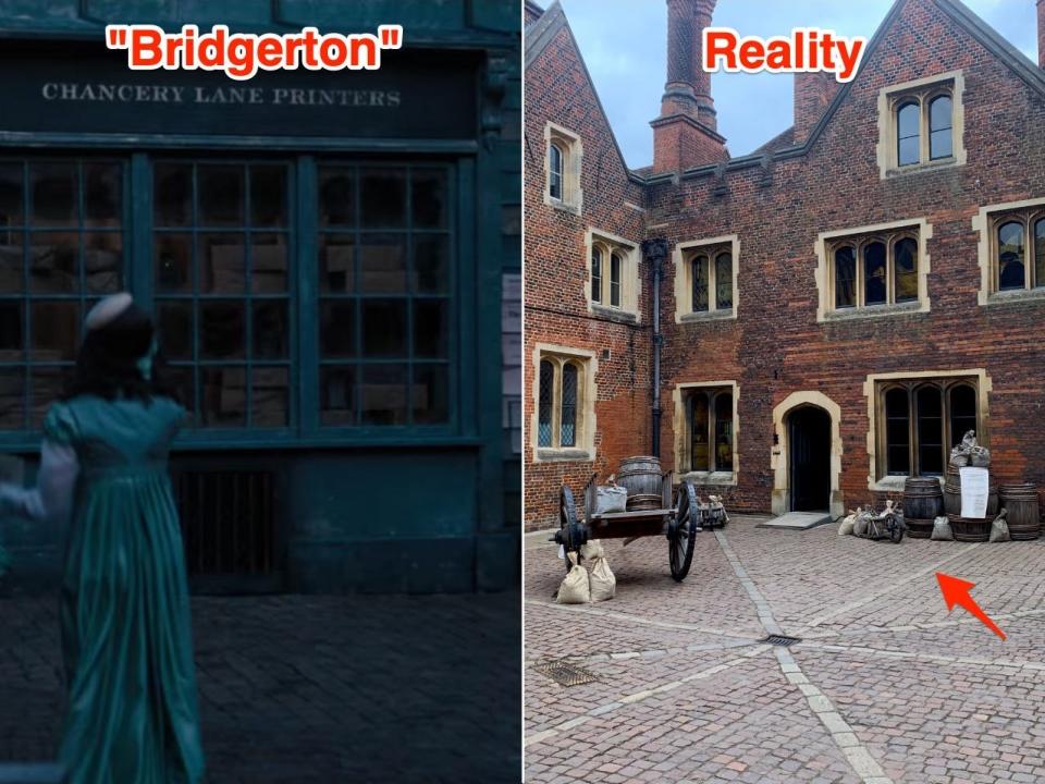 Master Carpenter’s Court at Hampton Court Palace in "Bridgerton," and in reality.