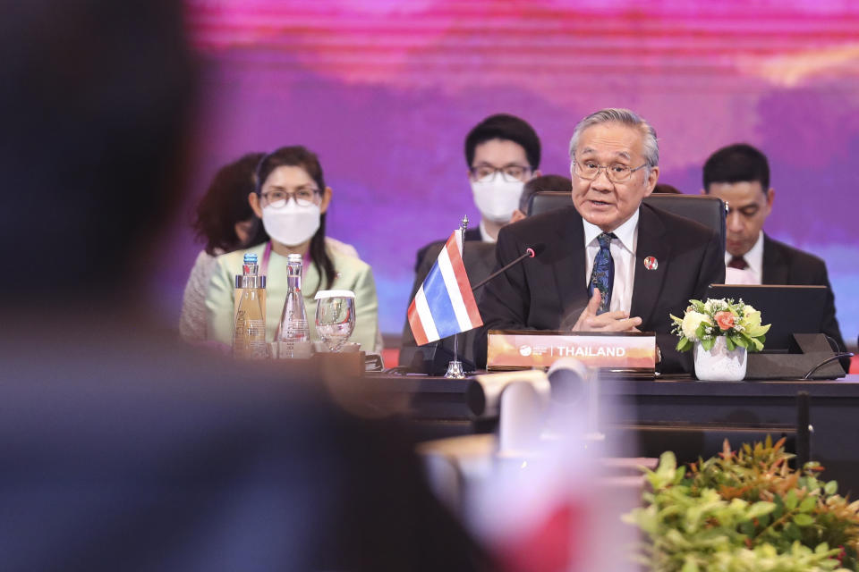 Thailand's Foreign Minister Don Pramudwinai speaks during the ASEAN Post Ministerial Conference with Japan at the Association of Southeast Asian Nations (ASEAN) Foreign Ministers' Meeting in Jakarta, Indonesia, Thursday, July 13, 2023. (Bagus Indahono/Pool Photo via AP)