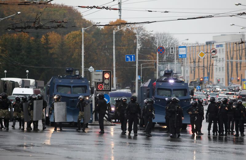 Belarusian opposition supporters hold a rally in Minsk