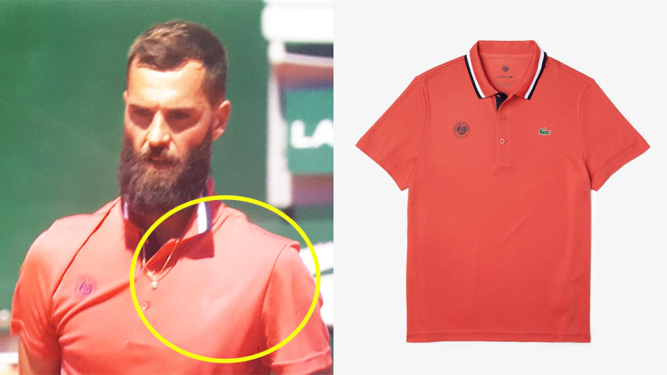 Benoit Paire (pictured left) appearing to wear an unbranded Lacoste shirt during his Roland Garros match and (pictured right) a photo of a Lacoste shirt.