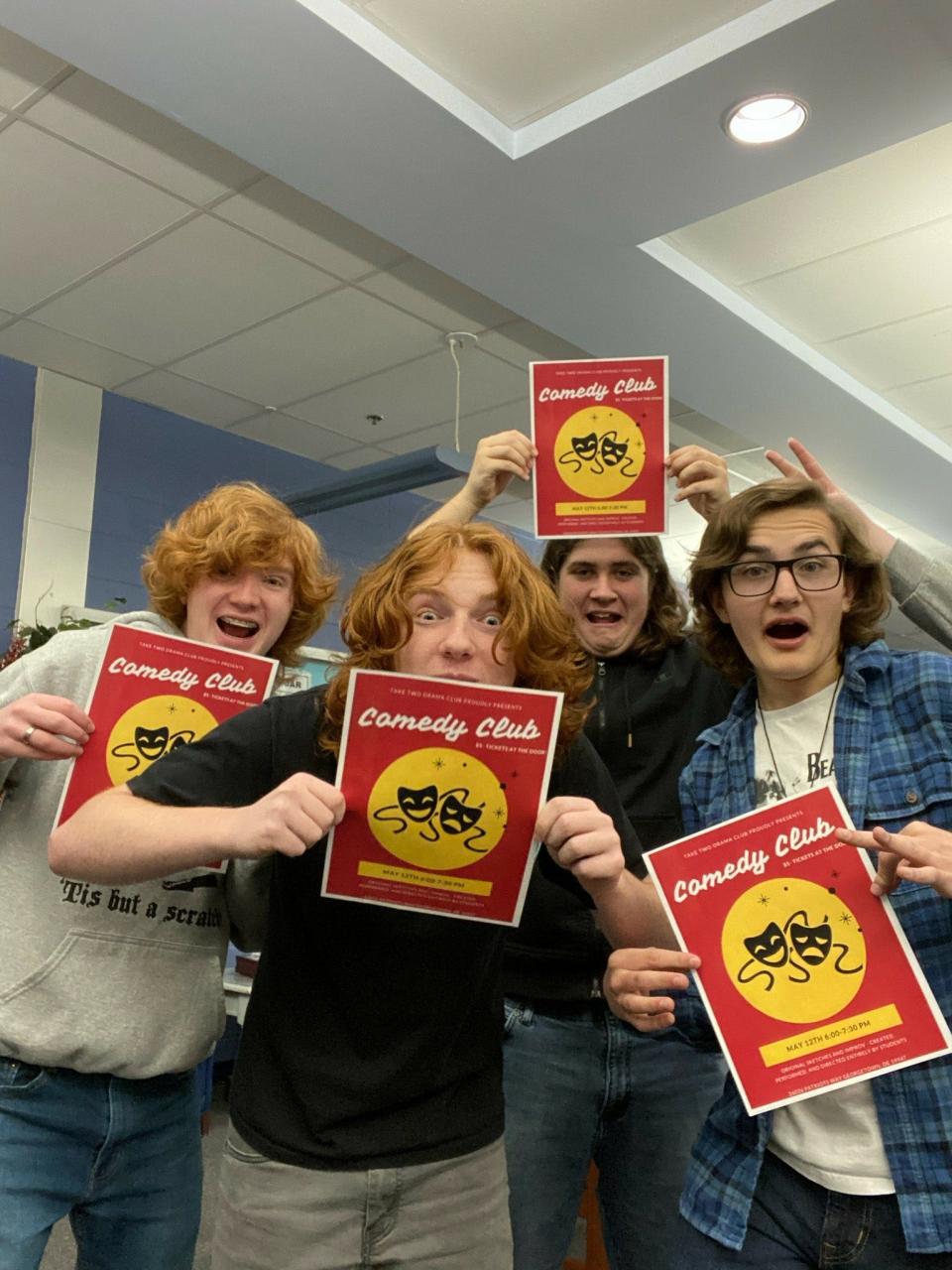 From left, SCHS students Collin Crosswell, Todd Phillips, Michael McKain and Kalib Megee pose to promote Sussex Central High School's annual show, set for May 12, 2023, at the Premier Center for the Performing Arts in Georgetown.