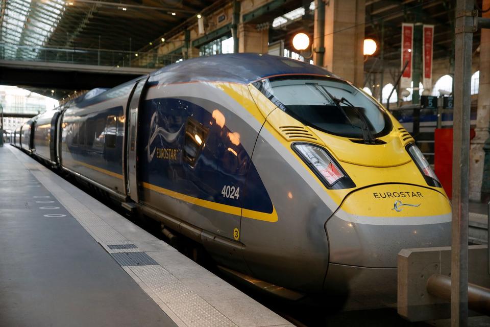 An Eurostar train stands at the platform at Gare du Nord train station in Paris, France