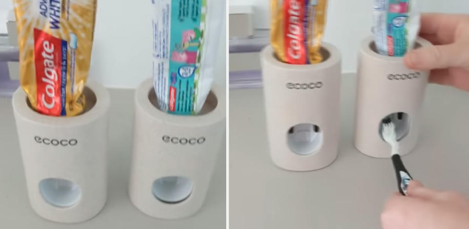 Screenshots of video showing $20 eBay toothpaste dispenser from ecoco in use on bathroom sink