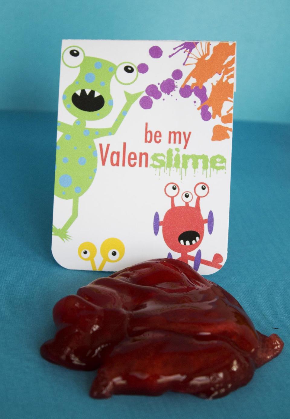 This Jan. 17, 2013 photo shows a handmade Valentine's Day card appropriate for those who find the usual hearts and flowers too lovey-dovey, in Concord, N.H. Made with just two ingredients, Metamucil and water, this homemade "slime" is a fun, non-toxic alternative to candy. (AP Photo/Holly Ramer)