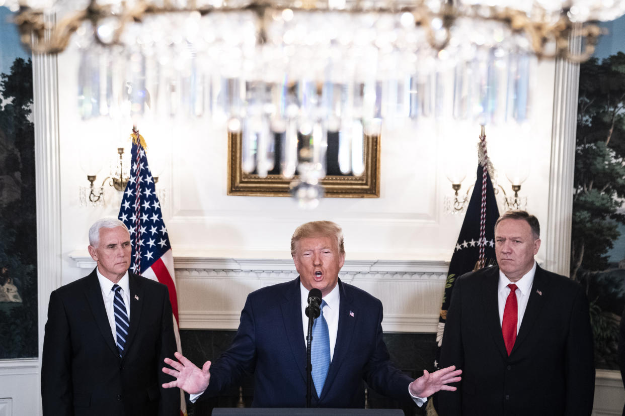 President Donald Trump, flanked by Vice President Mike Pence and Secretary of State Mike Pompeo, announces that the U.S. will lift sanctions on Turkey and the cease-fire in Syria will be permanent on Oct 23, 2019, in Washington, D.C. (Photo: Jabin Botsford/The Washington Post via Getty Images)