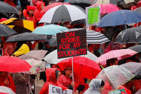 More than 30,000 Los Angeles teachers hold a rally at the City Hall after going on strike, in Los Angeles, California, U.S., January 14, 2019. REUTERS/Mike Blake/File Photo