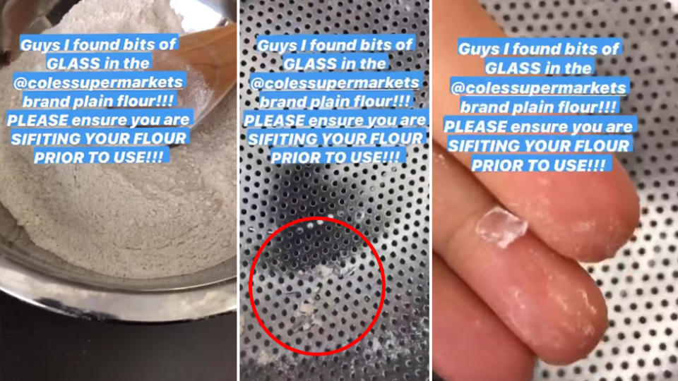 Screenshots from a Coles customer's warning video who claims she found glass in the flour.