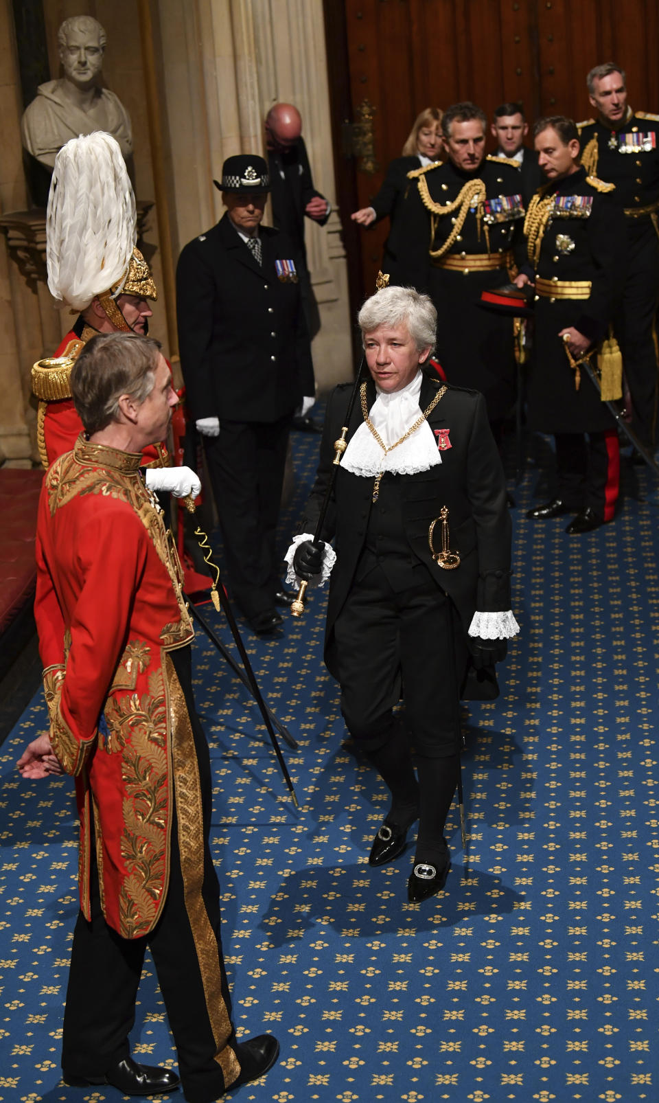 Lady Usher of the Black Rod Sarah Clarke takes part in the official State Opening of Parliament in London, Monday Oct. 14, 2019. (Paul Ellis/Pool via AP)