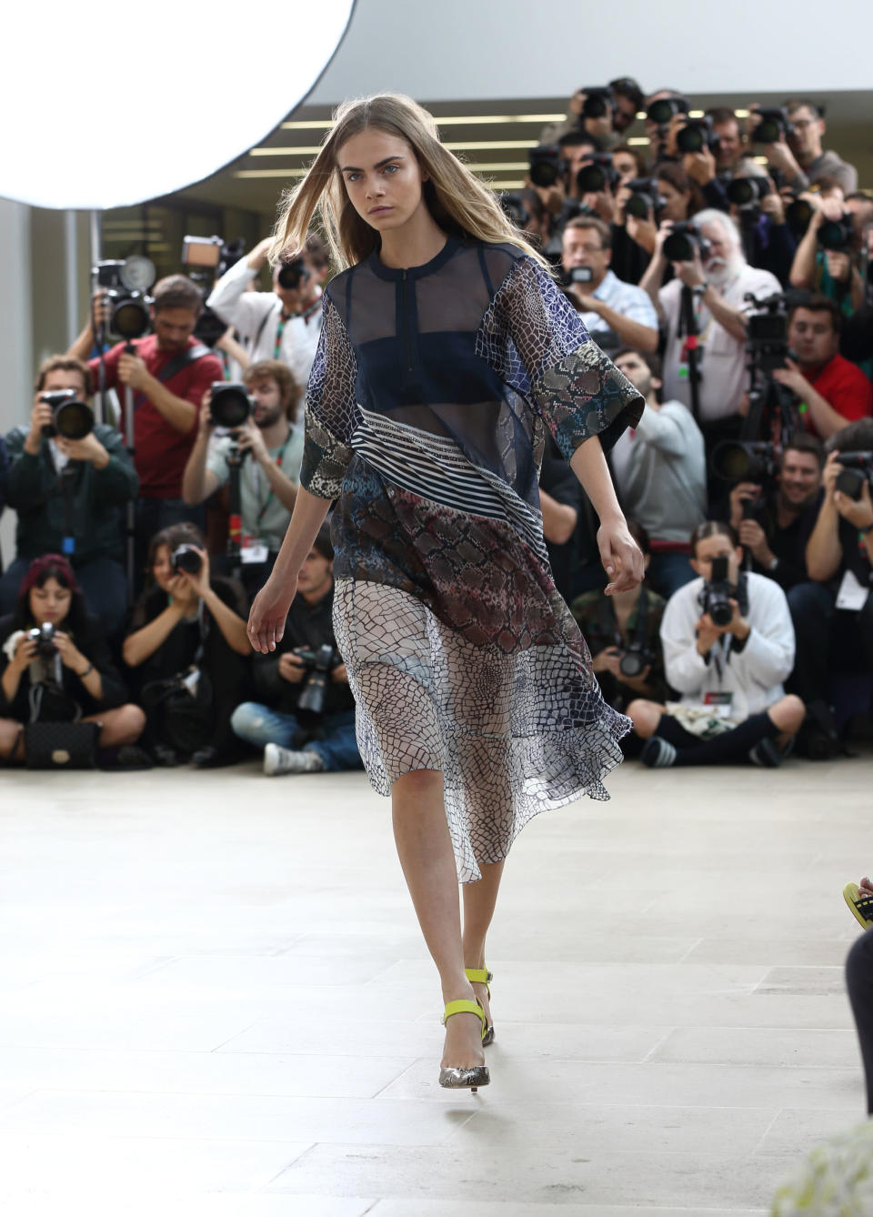 LONDON, ENGLAND - SEPTEMBER 16: Cara Delevingne showcases designs on the catwalk by Preen by Thornton Bregazzi on day 3 of London Fashion Week Spring/Summer 2013, at Natural History Museum, on September 16, 2012 in London, England. (Photo by Mike Marsland/WireImage)