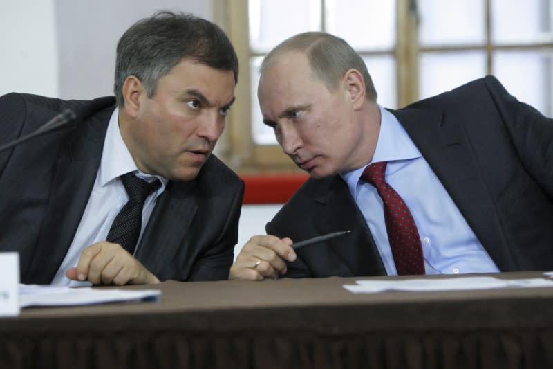 Russia's Prime Minister Vladimir Putin (R) talks to Government Chief of Staff Vyacheslav Volodin during a meeting on the development of local self-government in Pskov's Kremlin, some 650 km (404 miles) northwest of Moscow May 23, 2011.</p>
<p> REUTERS/Alexei Nikolsky/RIA Novosti/Pool