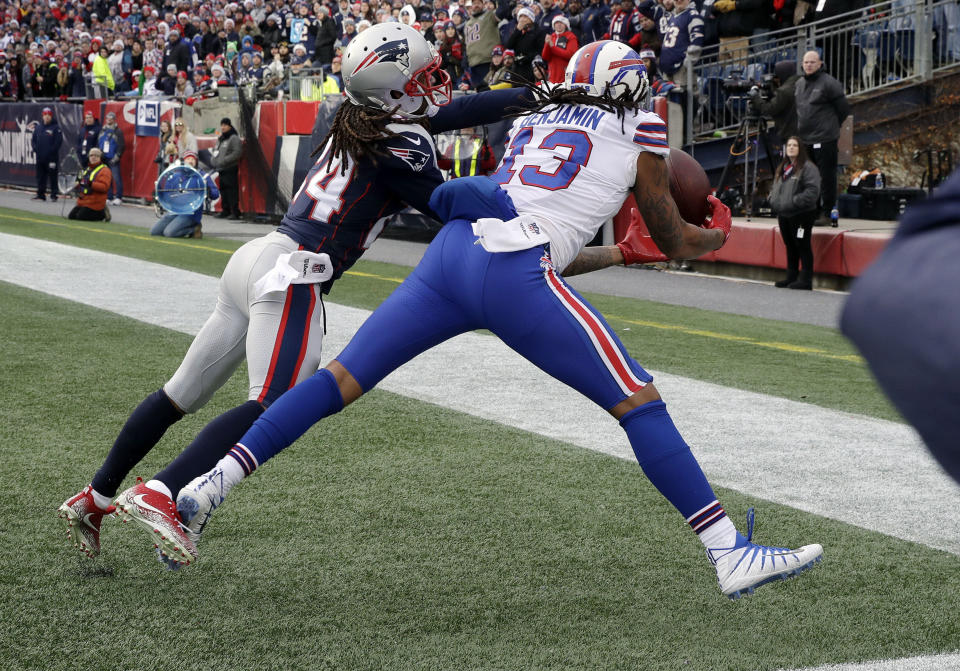 Kelvin Benjamin and the Bills thought they had momentum going into the locker room at halftime. Upon further review, the NFL saw things a different way. (AP) 