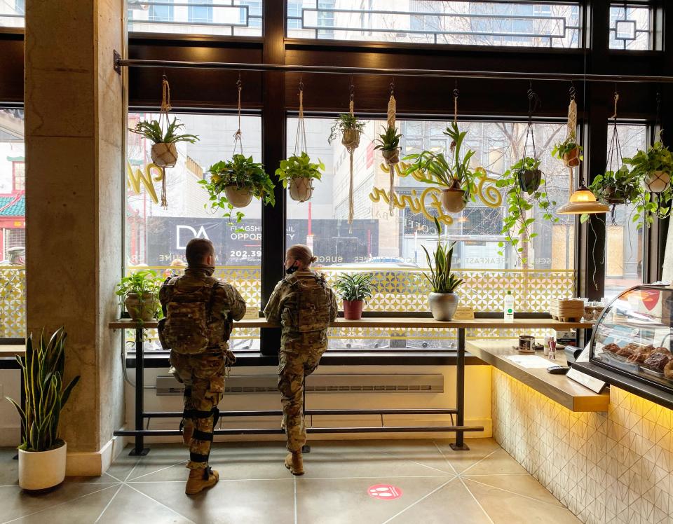 <p>Some 25,000 National Guard soldiers have arrived in Washington DC to provide security for Joe Biden’s inauguration</p> (Richard Hall/The Independent )