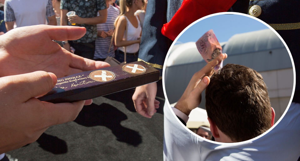 Coin toss for two-up next to insert of man with $5 above his head on Anzac Day.