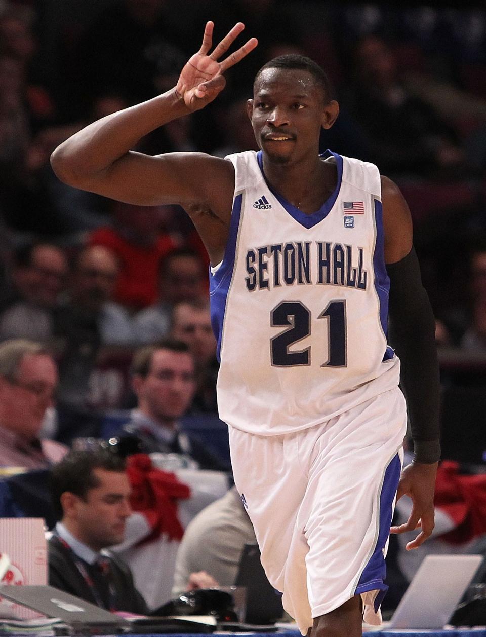 Jeremy Hazell of the Seton Hall Pirates celebrates a three pointer in 2011