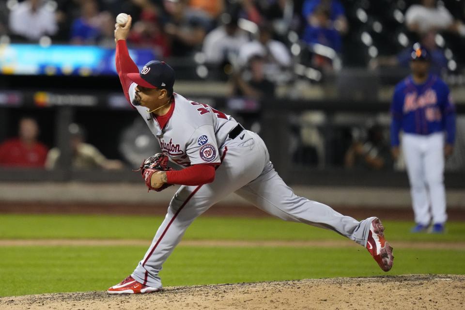 Washington Nationals' Andres Machado pitches during the ninth inning of a baseball game against the New York Mets, Saturday, July 29, 2023, in New York. (AP Photo/Frank Franklin II)