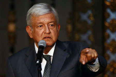 Mexico's president-elect Andres Manuel Lopez Obrador addresses the media after a private meeting with Mexico's President Enrique Pena Nieto at National Palace in Mexico City, Mexico July 3, 2018. REUTERS/Edgard Garrido
