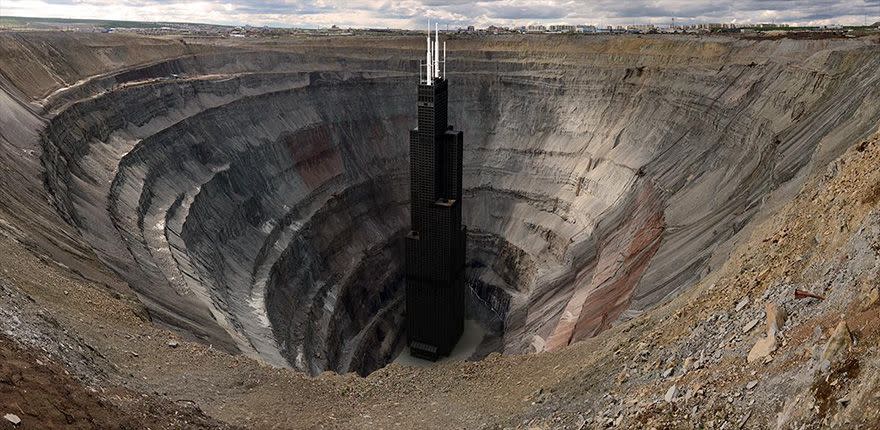 A mina Mir está localizada na Rússia e é uma das mais profundas do mundo, com 525 metros de profundidade. Se colocarmos a torre Sears em seu interior, o topo do edifício ficaria apenas poucos metros acima do nível do solo.