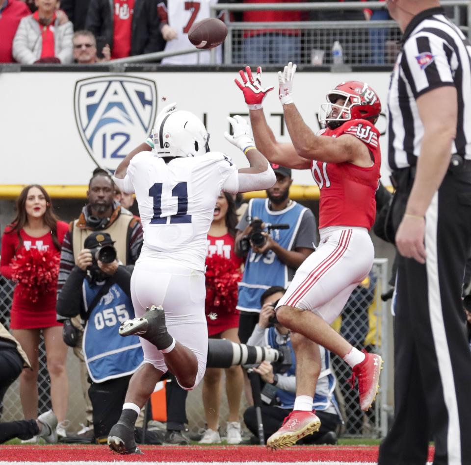 Utah Utes tight end Thomas Yassmin scores a touchdown against the Penn State Nittany Lions in the 109th Rose Bowl in Pasadena on Monday, Jan. 2, 2023. | Ben B. Braun, Deseret News