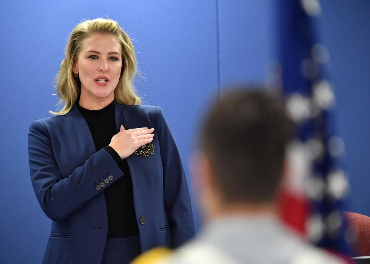 Sarasota County School Board member Bridget Ziegler recites the Pledge of Allegiance at the start of the meeting Tuesday evening, Feb. 6, 2024.