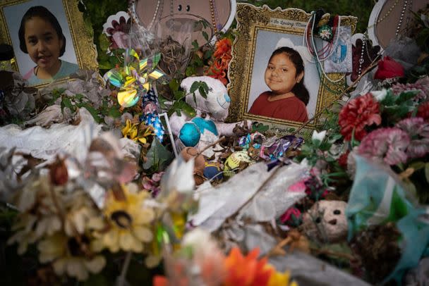 PHOTO: Photographs of Alithia Haven Ramirez, 10, left, and Eliahna 'Ellie' Amyah Garcia, 9, who were killed in a mass shooting on May 24, 2022, are memorialized outside of Robb Elementary School in Uvalde, Texas on Nov. 18, 2022. (Sarahbeth Maney/USA TODAY NETWORK)