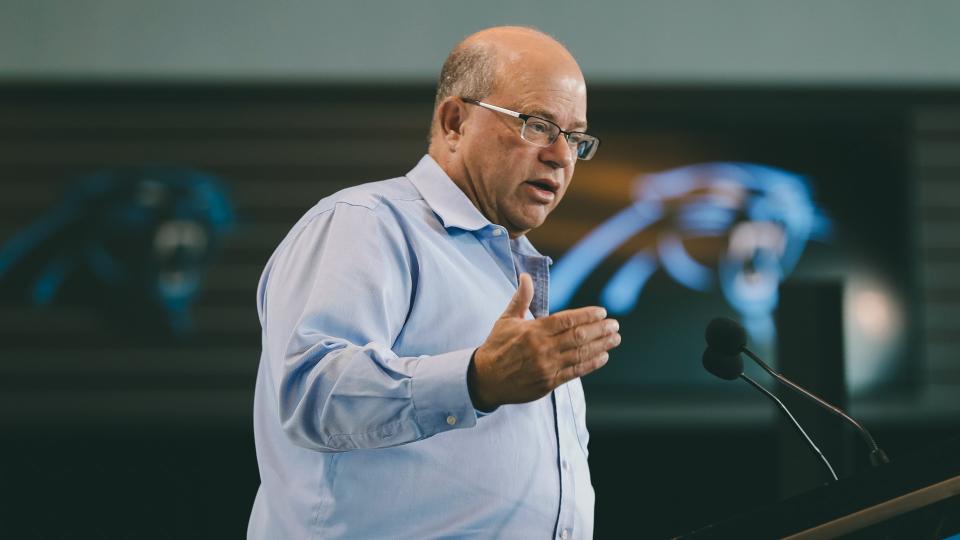 New Carolina Panthers owner David Tepper answers a question during a news conference at Bank of America Stadium in Charlotte, N.