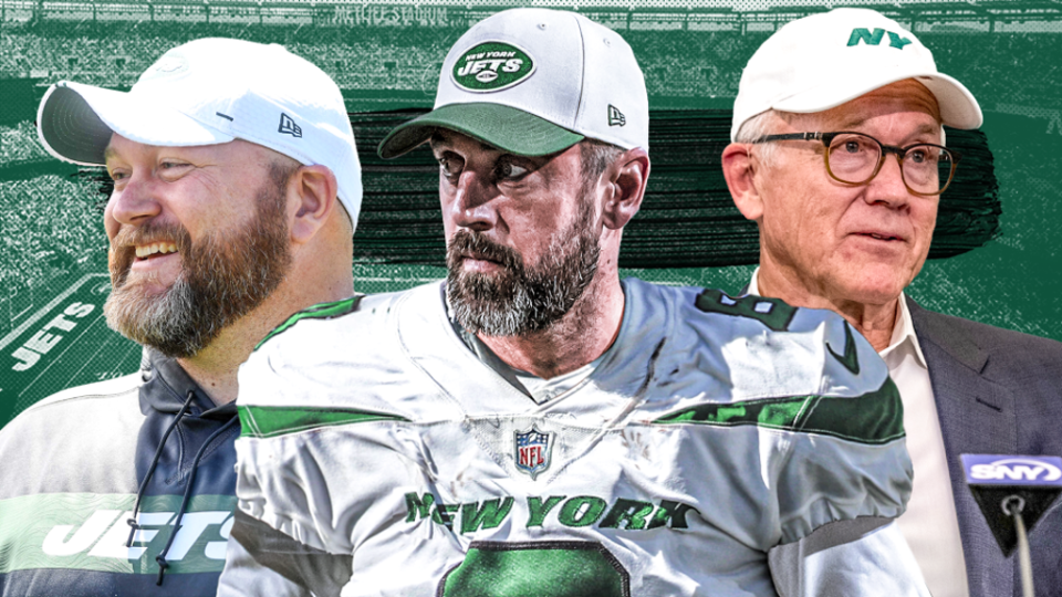 Joe Douglas, Aaron Rodgers and Woody Johnson