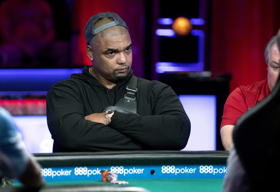 Richard Seymour, former Patriots defensive end, competes at a featured table during the World Series of Poker main event at the Rio hotel-casino in Las Vegas Wednesday, July 10, 2019. (Steve Marcus/Las Vegas Sun via AP)