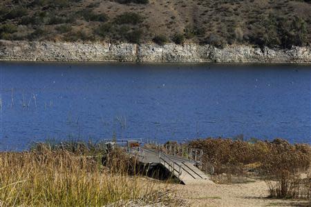 The receding water line of Lake Hodges is seen in San Diego County January 17, 2014. REUTERS/Mike Blake