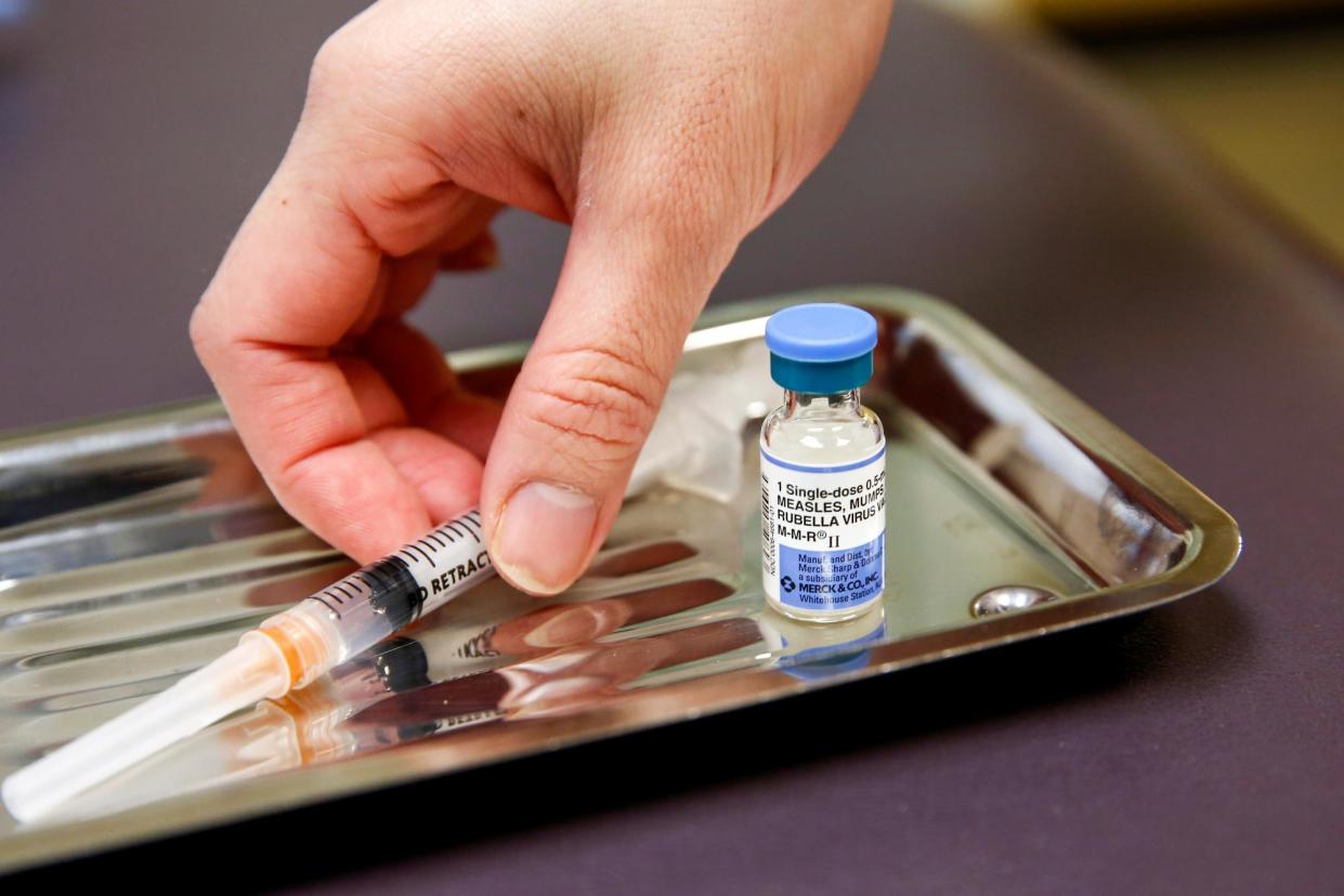 <span>A vial of the measles, mumps, and rubella vaccine at a health clinic in Seattle, Washington, in 2019.</span><span>Photograph: Lindsey Wasson/Reuters</span>