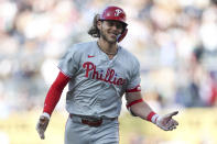 Philadelphia Phillies' Alec Bohm smiles after hitting a two-run home run against the San Diego Padres during the first inning of a baseball game Saturday, April 27, 2024, in San Diego. (AP Photo/Brandon Sloter)