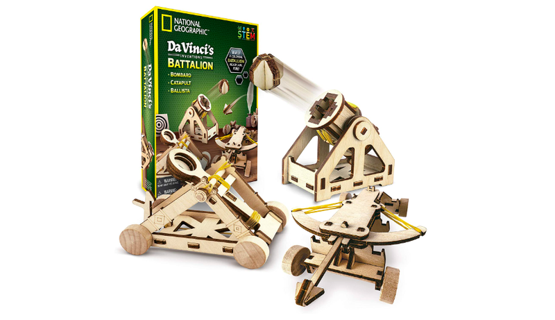 The toy set and its contents—a wooden trebuchet and ballista included.