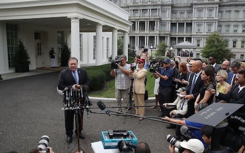 Secretary of State Mike Pompeo makes a statement to the media about his recent trip to North Korea - Credit: Mark Wilson/Getty