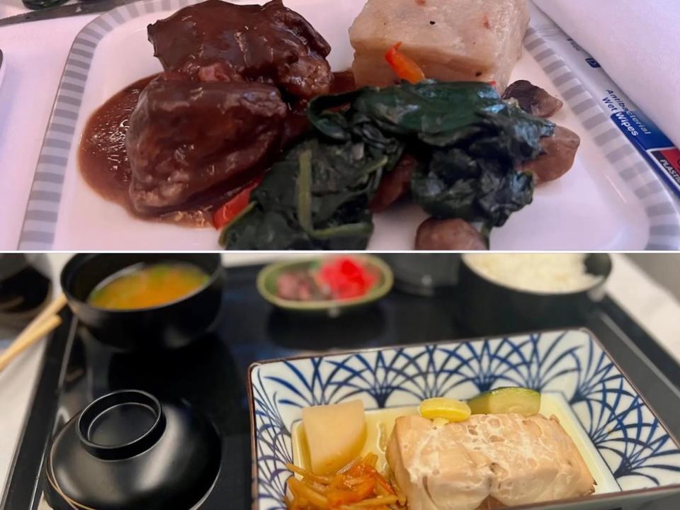 A photo collage with a picture of Singapore Airlines' meal, which includes spinach, beef, and potatoes, above a picture of ANA's meal, which includes fish and miso soup.