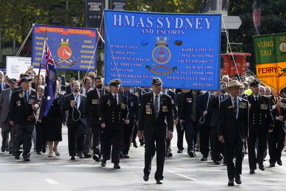 Veterans parade during the Anzac Day march in Sydney, Monday, April 25, 2022. Australia and New Zealand commemorate Anzac Day every April 25, the date in 1915 when the Australia and New Zealand Army Corps landed on Turkey in an ill-fated campaign that created the soldiers' first combat of World War I. (AP Photo/Rick Rycroft)