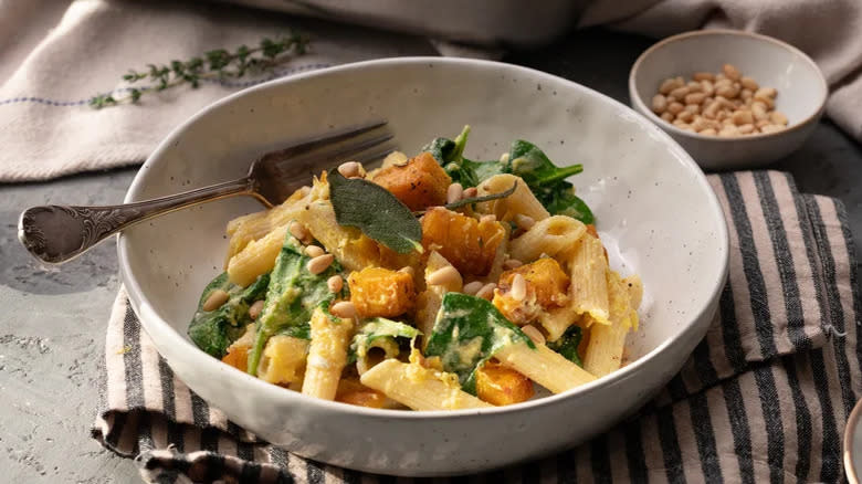 Pumpkin feta pasta in bowl