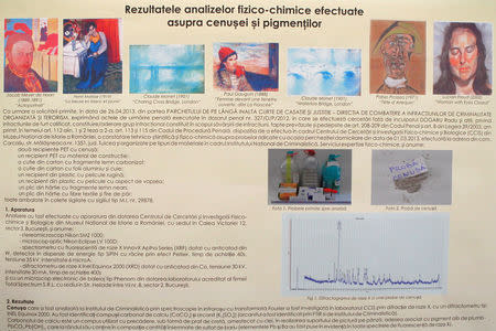 FILE PHOTO: A close up of a panel shows forensic results of analysis of nails and ash of the stolen paintings, alleged to be burned, during a news conference at Romania's National History Museum in Bucharest August 8, 2013. REUTERS/Bogdan Cristel