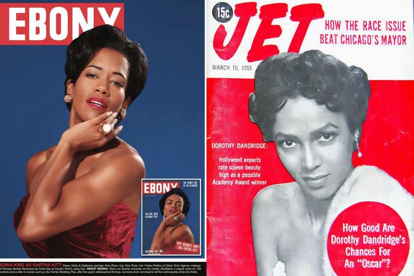 An Ebony cover in 2010 shows Regina King re-creating an Eartha Kitt cover, and a cover for Jet in 1955 features Dorothy Dandridge. The titles, vital documents of Black and American life for decades, are being revived. Credit: Ebony/Jet