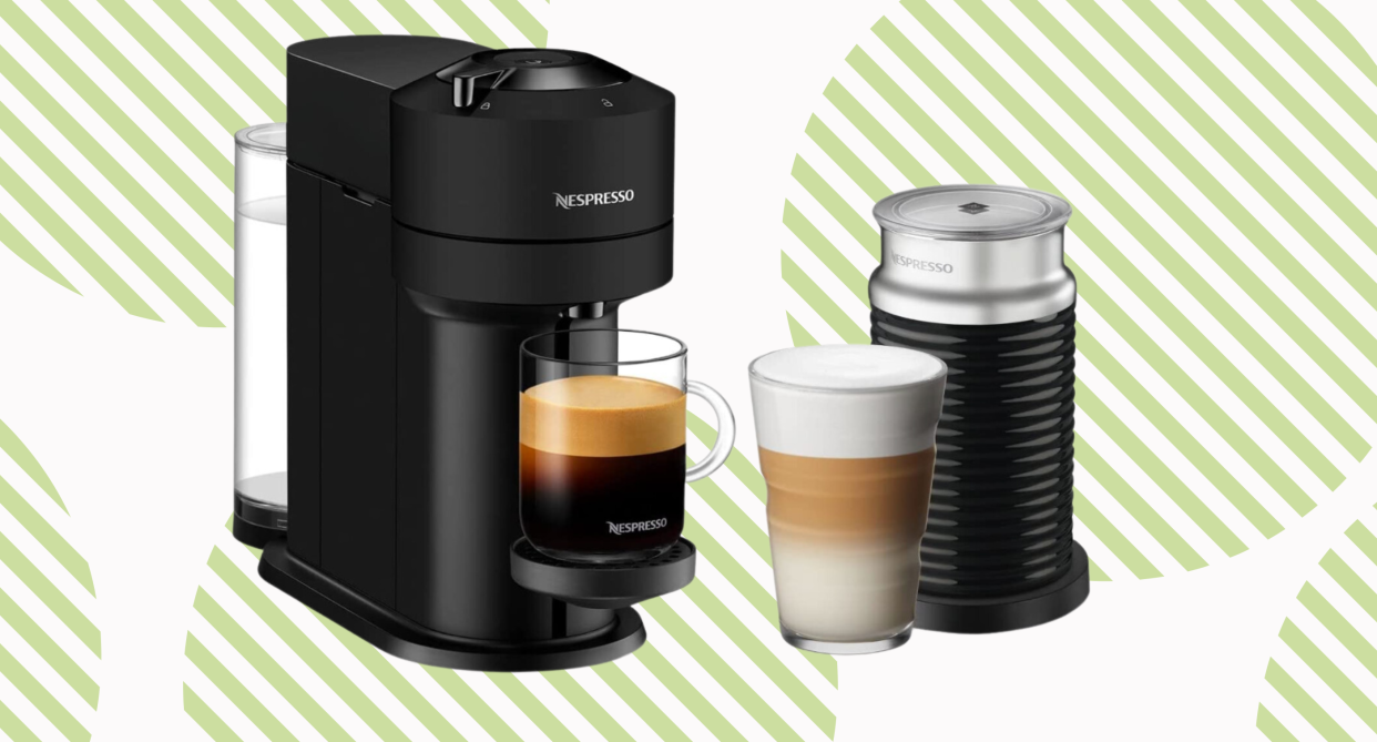 Nespresso Vertuo Next Coffee and Espresso Machine by Breville with Aeroccino on green and white circle background