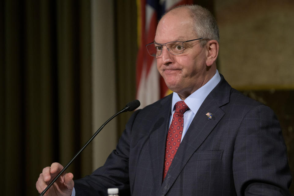 FILE - Louisiana Gov. John Bel Edwards speaks about the investigation into the death of Ronald Greene in Baton Rouge, La., Tuesday, Feb. 1, 2022. On Monday, Nov. 14, 2022, a Louisiana grand jury began hearing evidence in the deadly 2019 arrest of Ronald Greene, long-awaited testimony that will determine whether state charges are brought against the white troopers seen on body-camera video stunning, striking and dragging the Black motorist by his ankle shackles following a high-speed chase. (AP Photo/Matthew Hinton, File)