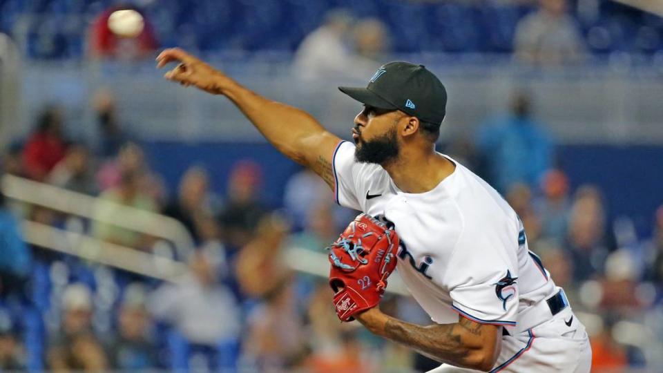 Miami Marlins starting pitcher Sandy Alcantara pitches in the first inning against the Los Angeles Dodgers in July.