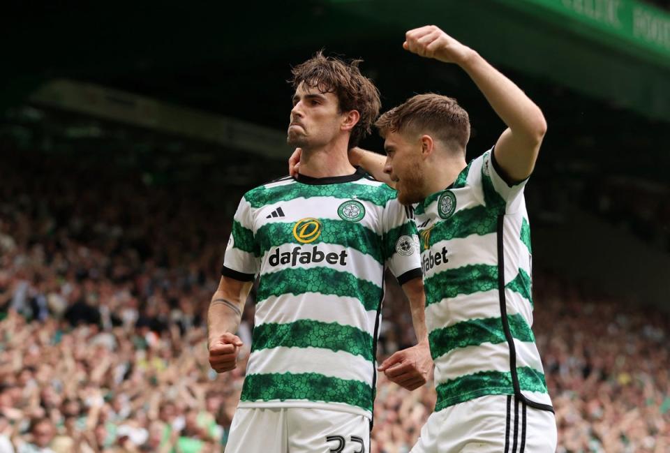 On target: Matt O’Riley started the scoring for Celtic in a thrilling Old Firm derby (Action Images via Reuters)