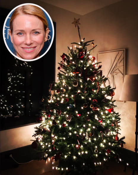 <p>“‘Tis the season,” Naomi Watts captioned this pretty pic of her tree adorned in white lights and topped off with a slightly crooked star. (Photo: <a rel="nofollow noopener" href="https://www.instagram.com/p/BNnkTF7gCL4/" target="_blank" data-ylk="slk:Instagram;elm:context_link;itc:0;sec:content-canvas" class="link ">Instagram</a>/Getty Images) </p>