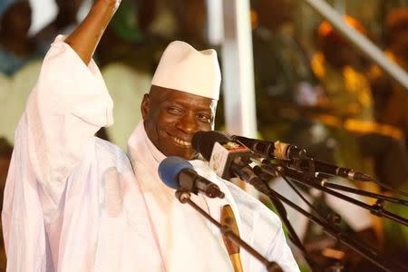 Gambia's President Yahya Jammeh, who is also a presidential candidate for the Alliance for Patriotic Re-orientation and Construction (APRC), smiles during a rally in Banjul, Gambia, November 29, 2016. REUTERS/Thierry Gouegnon