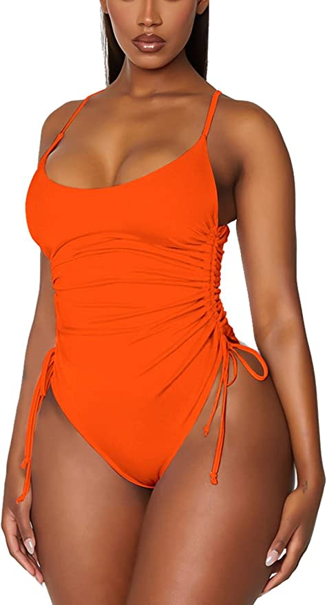 Viottiset Women's One Shoulder Ruched One Piece Swimsuit Tummy Control High  Cut Cheeky Bathing Suit Burnt Orange Small at  Women's Clothing store