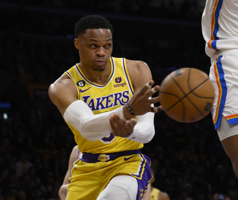 Los Angeles, CA - February 07:  Russell Westbrook #0 of the Los Angeles Lakers passes again the Oklahoma City Thunder in the first half of a NBA basketball game at the Crypto.com Arena in Los Angeles on Tuesday, February 7, 2023. (Photo by Keith Birmingham/MediaNews Group/Pasadena Star-News via Getty Images)