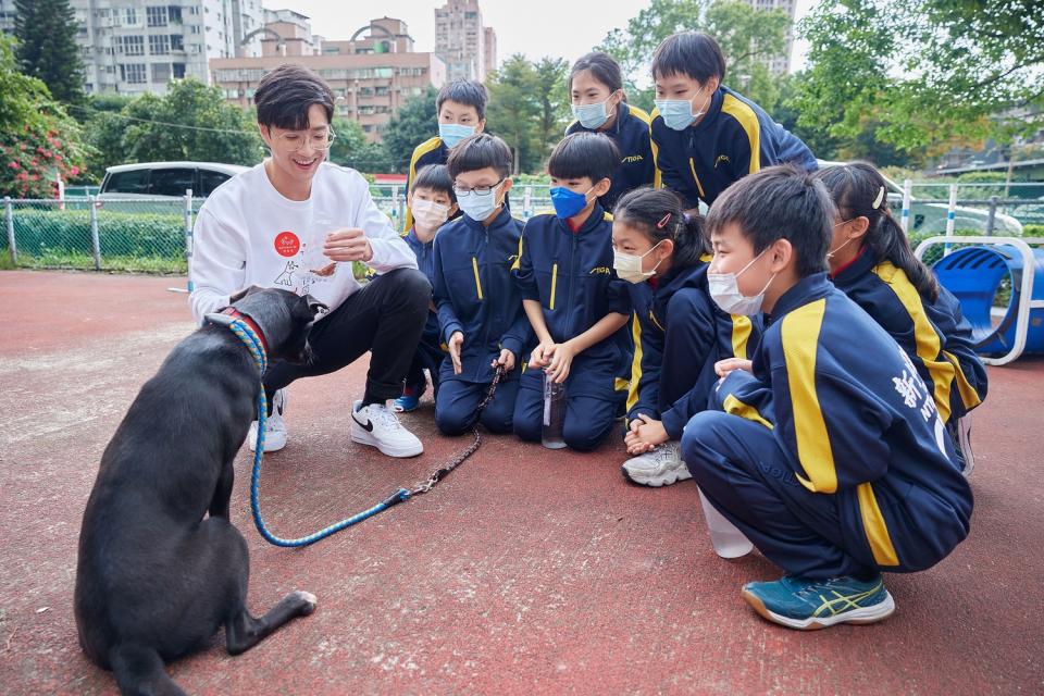 江宏傑一同跟後埔國小學童跟動物之家狗狗互動。   圖：新北市動保處提供