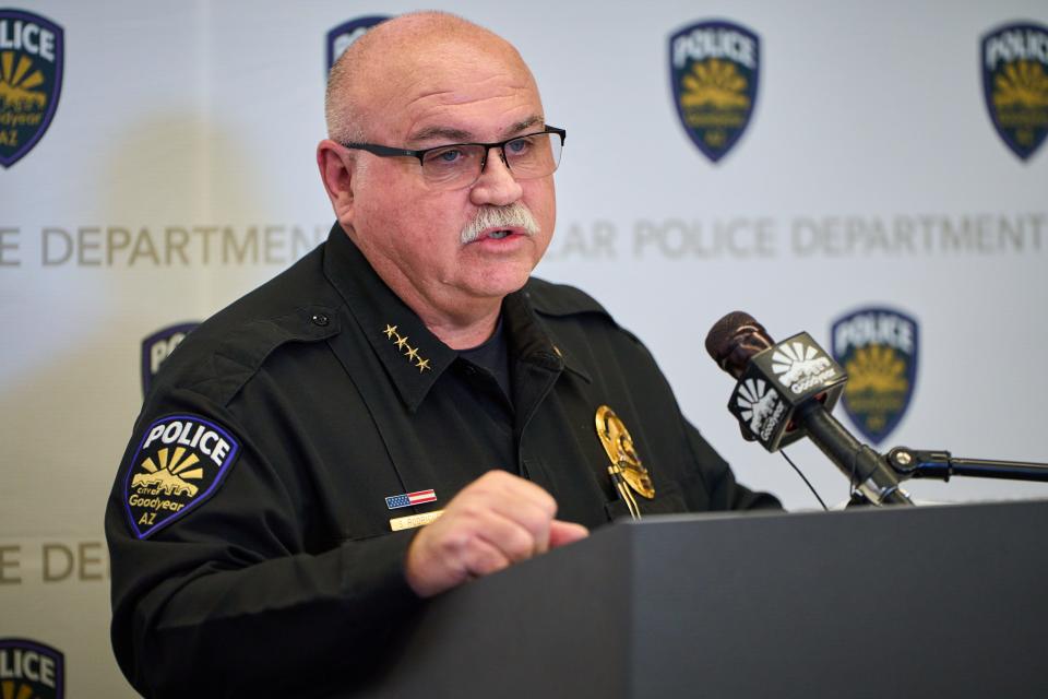 Goodyear Police chief Santiago Rodriguez addresses the media at the Goodyear Police Department on Feb. 27, 2023, during a news conference about a fatal crash two days ago, involving a large group of adult bicyclists who were hit by a pick-up truck on the Cotton Lane Bridge.
