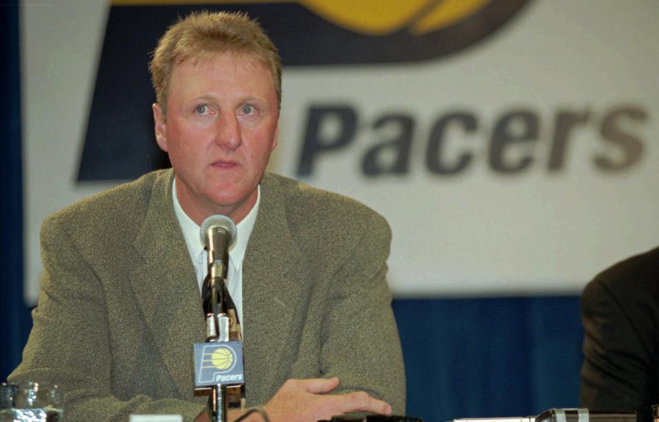 FILE - This May 12, 1997 file photo shows Larry Bird speaking as the new coach of the Indiana Pacers,  at a news conference in Indianapolis. The Pacers have parted ways with Bird. Owner Herb Simon announced the move Wednesday, June 27, 2012, one day before the NBA draft. (AP Photo/Tom Strattman, File)