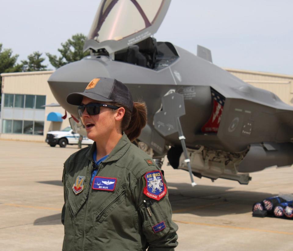 Major Kristin "BEO" Wolfe speaks to the media shortly after landing her F-35A Lightning II jet at Battle Creek Executive Airport Thursday, June 30.