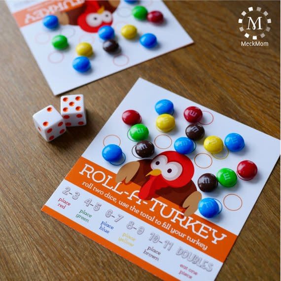 <p>etsy.com</p><p><strong>$3.95</strong></p><p><a rel="nofollow noopener" href="https://www.etsy.com/listing/623356536/thanksgiving-kids-table-game-roll-a" target="_blank" data-ylk="slk:Shop Now;elm:context_link;itc:0;sec:content-canvas" class="link ">Shop Now</a></p><p>Think bingo, but with dice. This Roll-a-Turkey game includes candy too, so your kids won't be tempted to pick at <a rel="nofollow noopener" href="https://www.redbookmag.com/food-recipes/g3674/easy-thanksgiving-desserts/" target="_blank" data-ylk="slk:the dessert table;elm:context_link;itc:0;sec:content-canvas" class="link ">the dessert table</a>.</p>